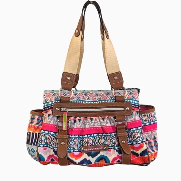 Lily Bloom Satchel Landon Triple Section Geometric Pink Blue - Picture 1 of 10